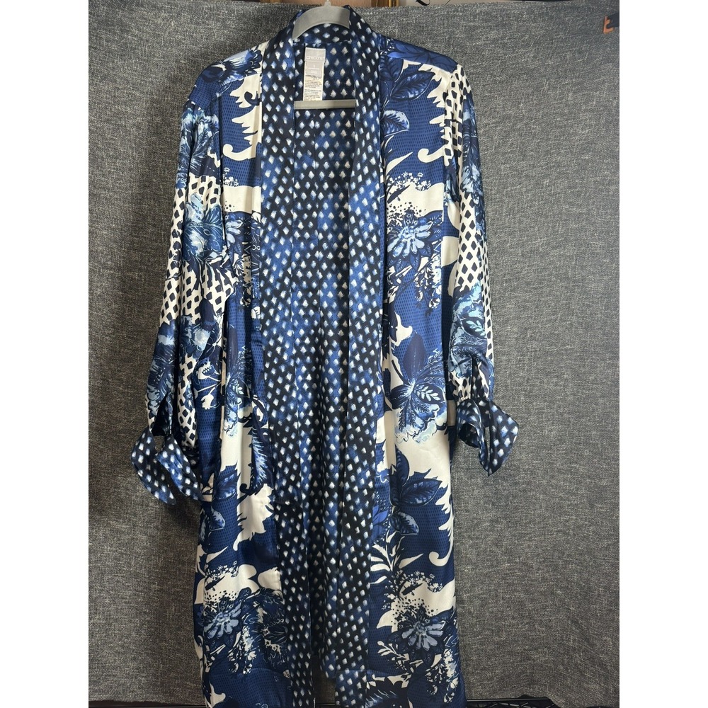 Chico's Blue Floral Polka Dot Satin Robe Lightweight 3/4 Sleeve Women's Size 3
